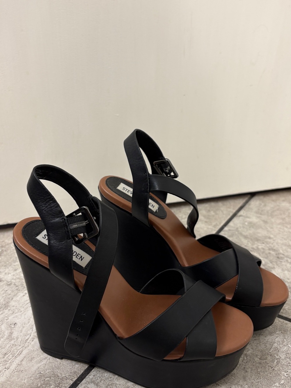 Steve Madden Black Crisscross Platform Wedge Sandals
